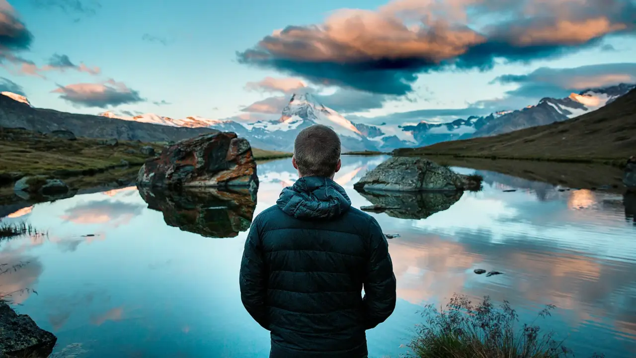 Ein Mann blickt auf einen See mit schneebedeckten Bergen im Hintergrund